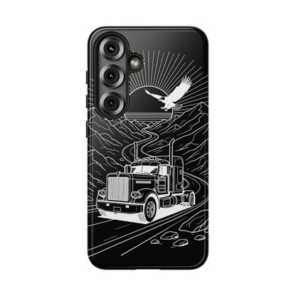 Trucker Highway Phone Case | Eagle & Mountain Line Art | Black Western Tough Case