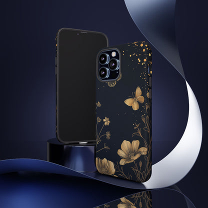Gold Floral Butterfly Phone Case, Dark Aesthetic Botanical, Elegant Black Luxury iPhone Samsung Cover