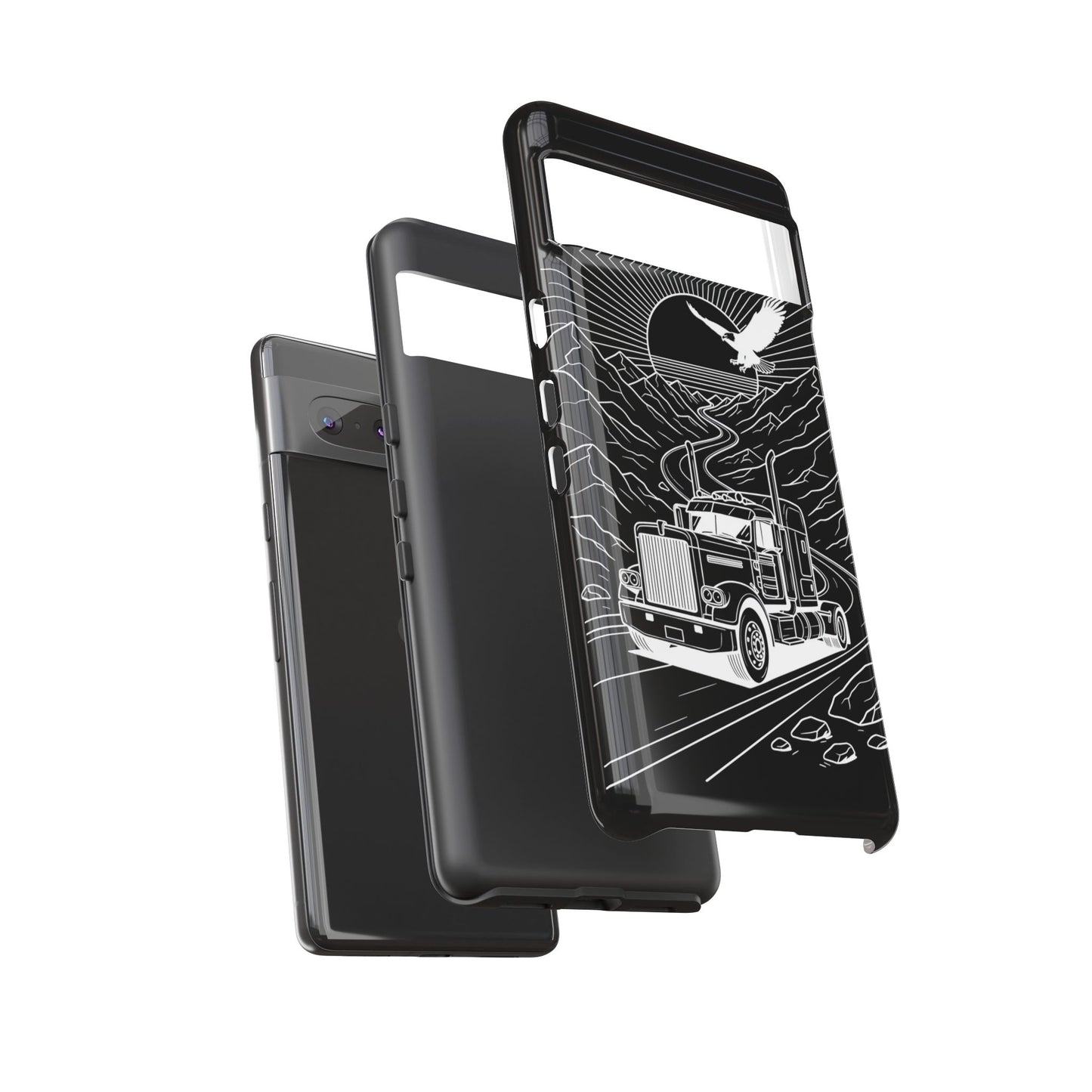 Trucker Highway Phone Case | Eagle & Mountain Line Art | Black Western Tough Case