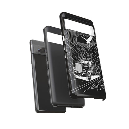 Trucker Highway Phone Case | Eagle & Mountain Line Art | Black Western Tough Case
