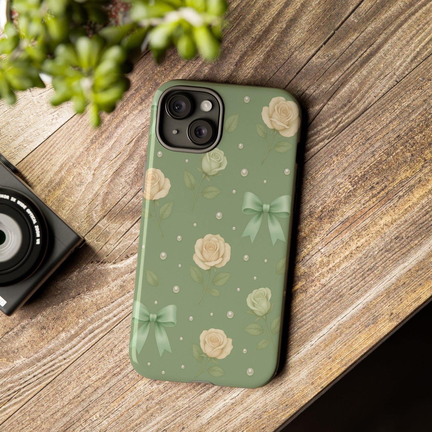 Vintage Rose Bow Phone Case – Sage Green Floral Coquette Aesthetic Tough Case (iPhone, Samsung, Pixel)