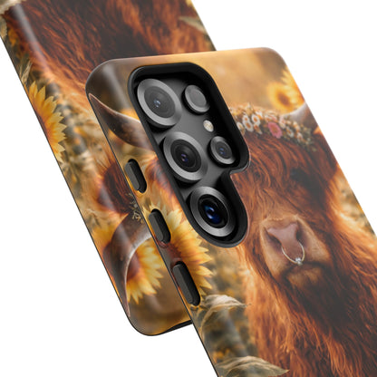 Highland Cow Sunflower Phone Case | Floral Farmhouse iPhone, Samsung Galaxy and Pixel Cover