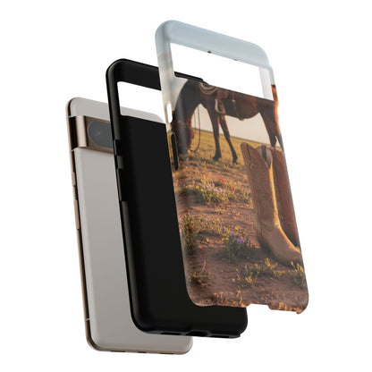 Western Cowboy Boots Phone Case – Rustic Horse Sunset Tough Case (iPhone, Samsung, Pixel)