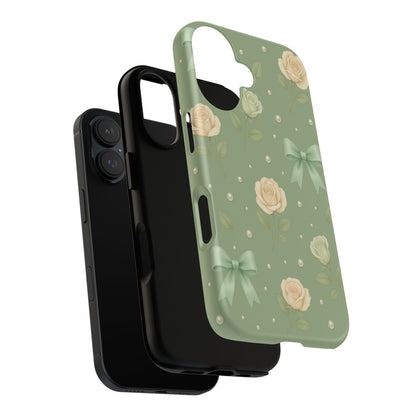 Vintage Rose Bow Phone Case – Sage Green Floral Coquette Aesthetic Tough Case (iPhone, Samsung, Pixel)