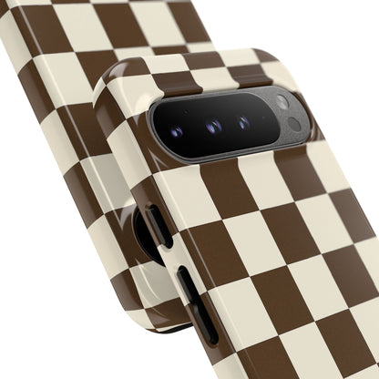 Mocha Checkerboard Phone Case | Neutral Aesthetic Checkered iPhone & Samsung Tough Case
