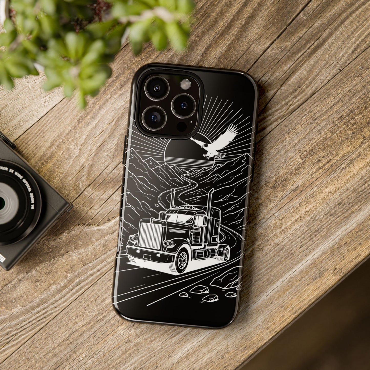 Trucker Highway Phone Case | Eagle & Mountain Line Art | Black Western Tough Case