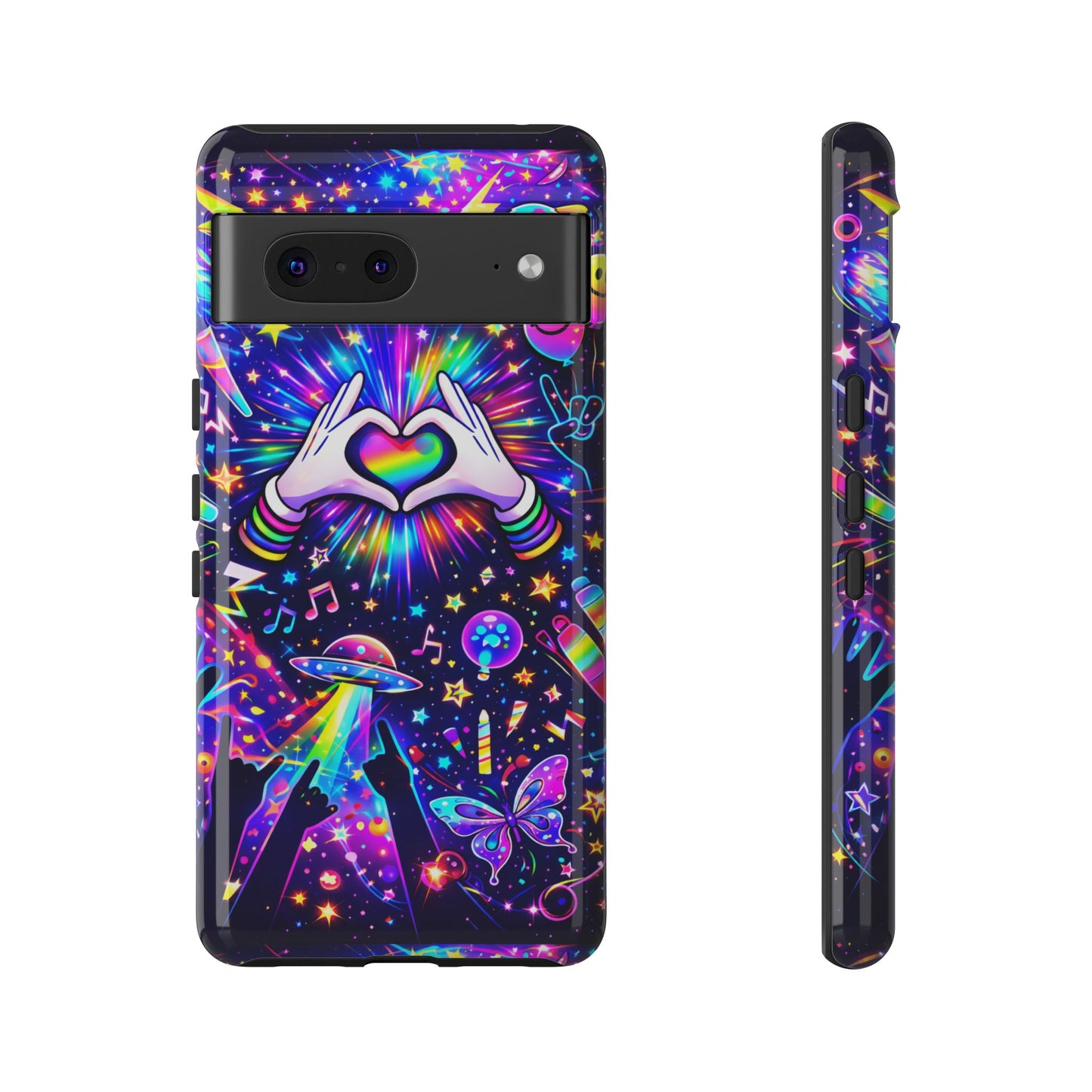 Rainbow Heart Hands Phone Case – Neon Galaxy EDM Festival Tough Cover