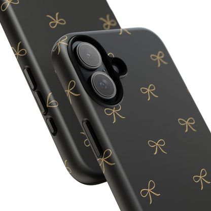 Black Phone Case with Gold Bow Pattern – Slim Protective Cute Aesthetic Cover for Iphone, Samsung Galaxy and Pixel
