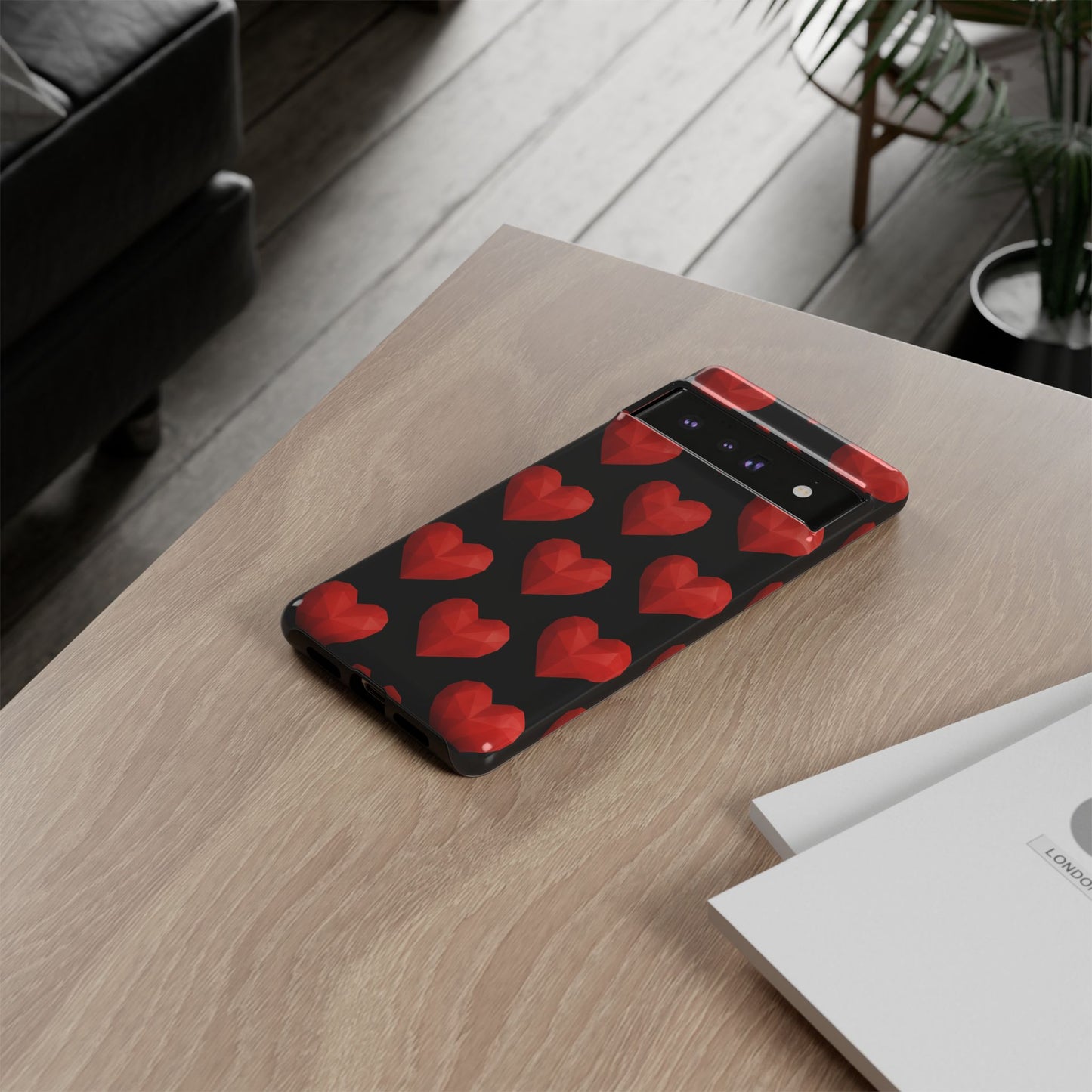 Red Heart Phone Case – Geometric Heart Pattern Tough Case (Black)