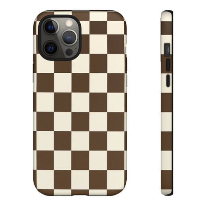 Mocha Checkerboard Phone Case | Neutral Aesthetic Checkered iPhone & Samsung Tough Case