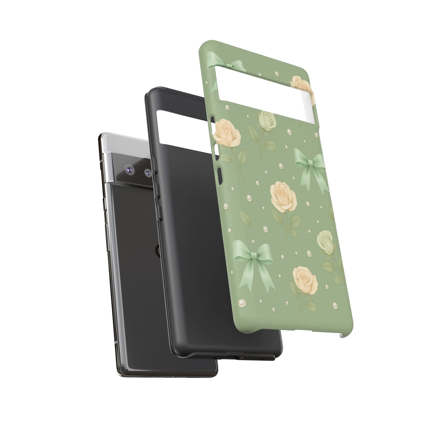 Vintage Rose Bow Phone Case – Sage Green Floral Coquette Aesthetic Tough Case (iPhone, Samsung, Pixel)