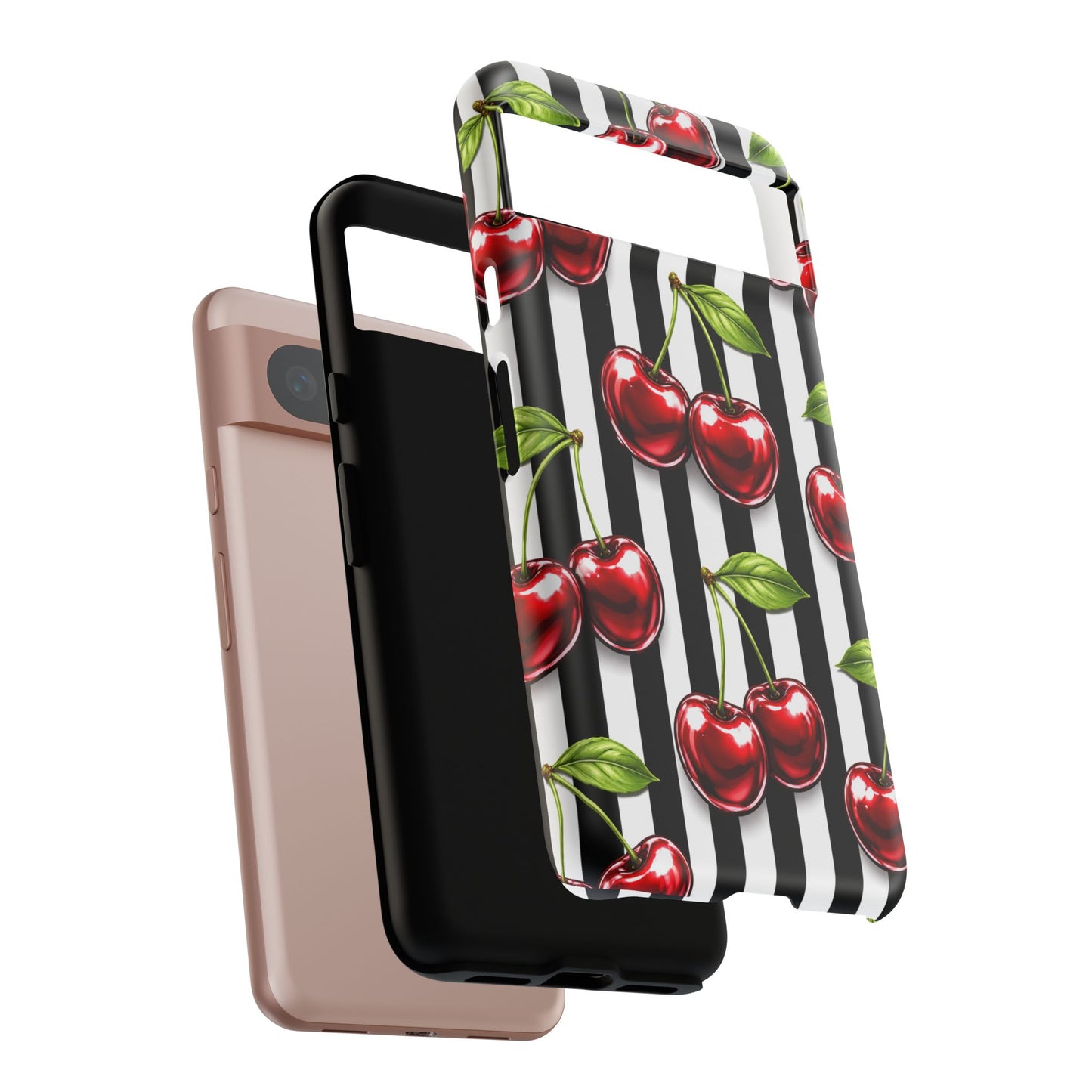 Cherry Pattern Phone Case Black White Stripe Retro Aesthetic Tough Cover