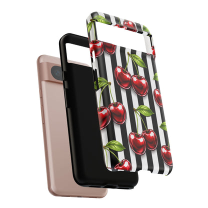 Cherry Pattern Phone Case Black White Stripe Retro Aesthetic Tough Cover
