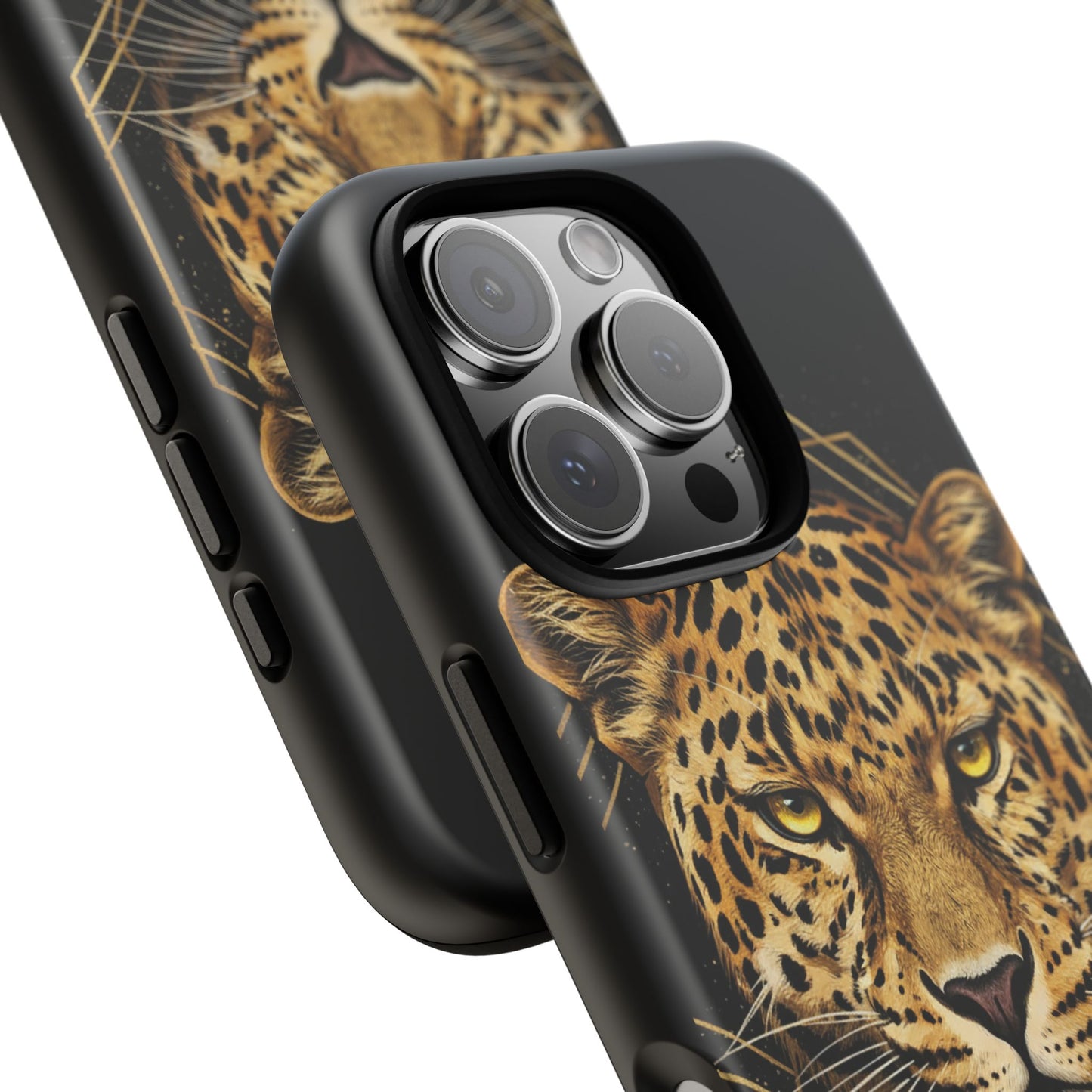 Leopard Head Geometric Phone Case – Black & Gold Luxe Tough Case