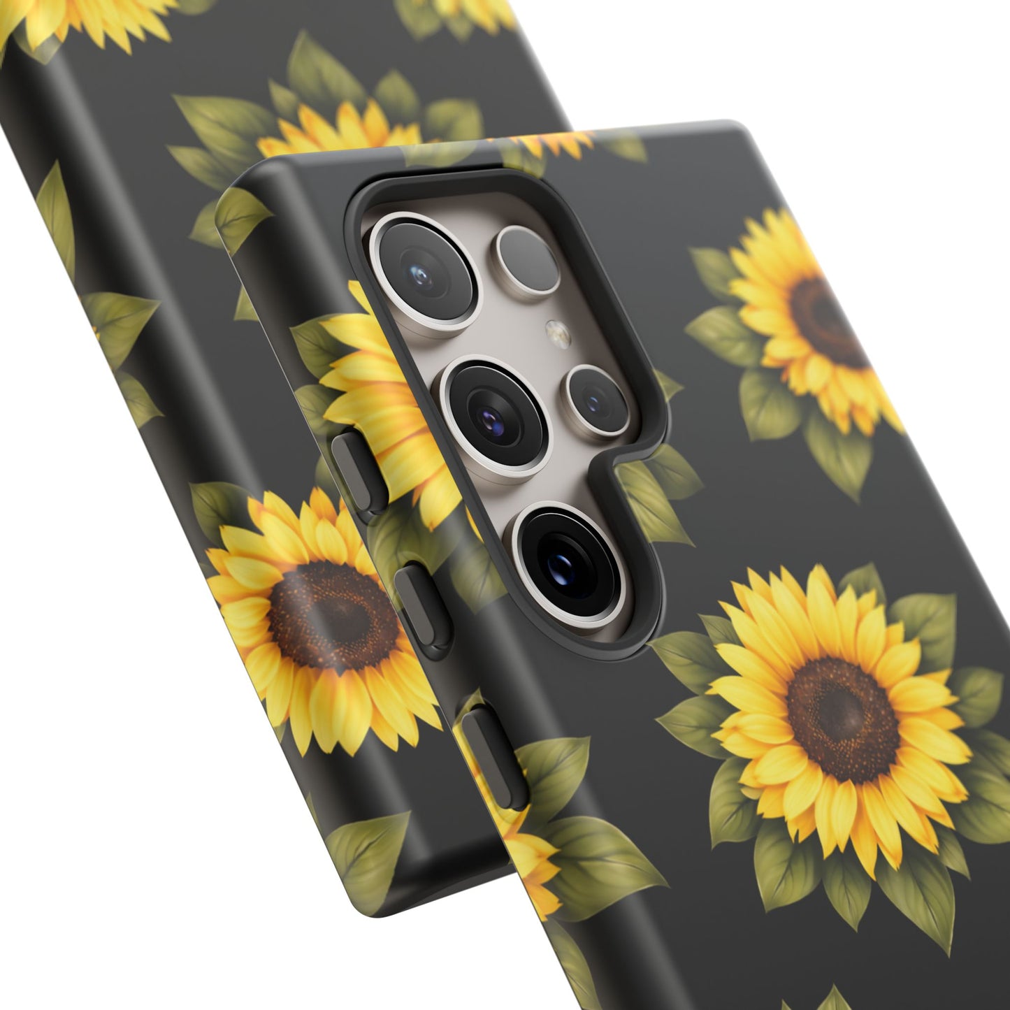 Sunflower Floral Tough Phone Case – Black Background Protective Cover for Iphone, Samsung Galaxy and Pixel