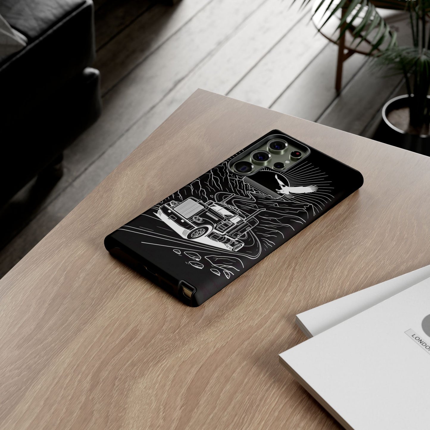 Trucker Highway Phone Case | Eagle & Mountain Line Art | Black Western Tough Case