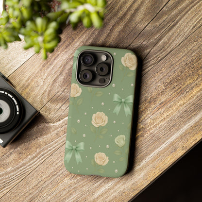 Vintage Rose Bow Phone Case – Sage Green Floral Coquette Aesthetic Tough Case (iPhone, Samsung, Pixel)
