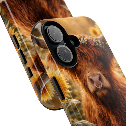 Highland Cow Sunflower Phone Case | Floral Farmhouse iPhone, Samsung Galaxy and Pixel Cover