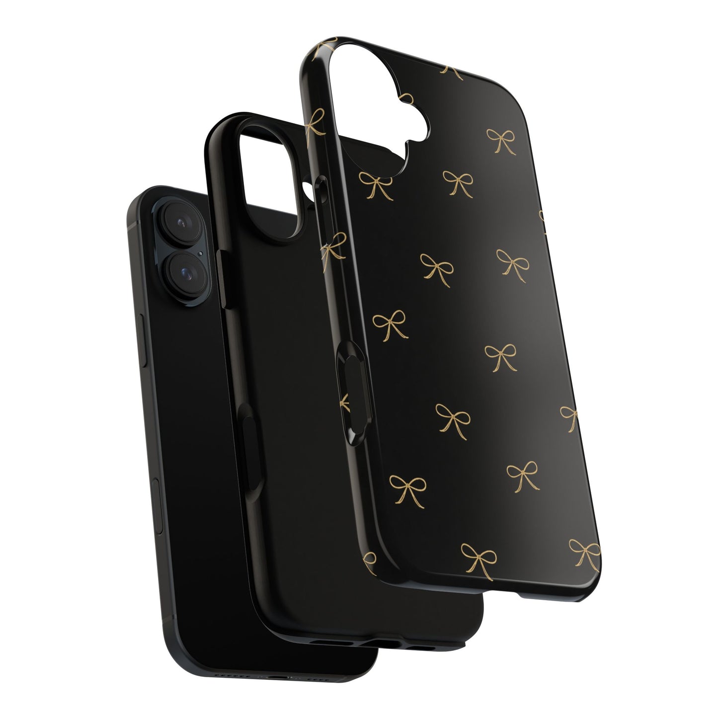 Black Phone Case with Gold Bow Pattern – Slim Protective Cute Aesthetic Cover for Iphone, Samsung Galaxy and Pixel