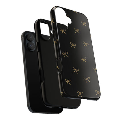 Black Phone Case with Gold Bow Pattern – Slim Protective Cute Aesthetic Cover for Iphone, Samsung Galaxy and Pixel