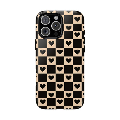 Checkerboard Heart Phone Case – Black & Beige Cute Aesthetic Protective Cover for Iphone, Samsung Galaxy and Pixel