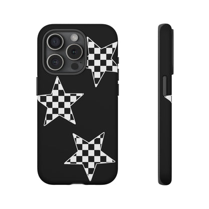 Checkered Star Tough Phone Case – Black Retro Graphic Protective Cover for Iphone, Samsung Galaxy and Pixel