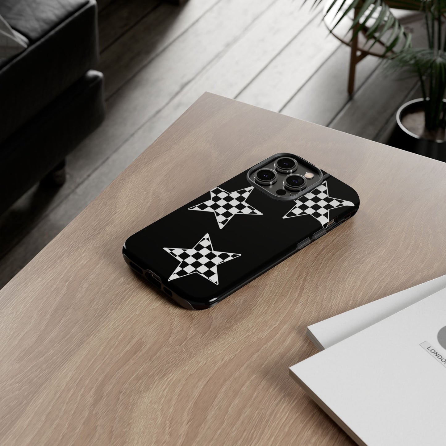 Checkered Star Tough Phone Case – Black Retro Graphic Protective Cover for Iphone, Samsung Galaxy and Pixel
