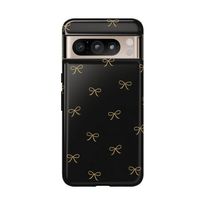Black Phone Case with Gold Bow Pattern – Slim Protective Cute Aesthetic Cover for Iphone, Samsung Galaxy and Pixel