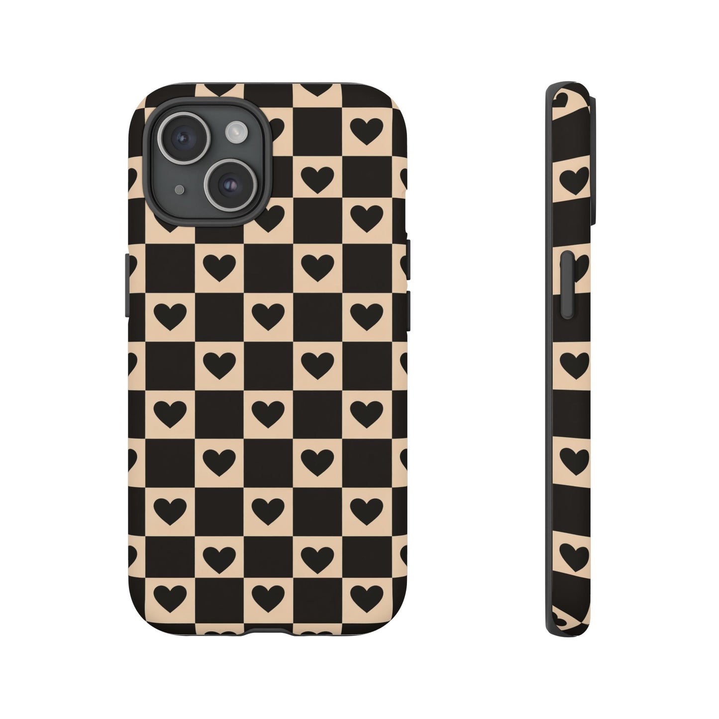 Checkerboard Heart Phone Case – Black & Beige Cute Aesthetic Protective Cover for Iphone, Samsung Galaxy and Pixel