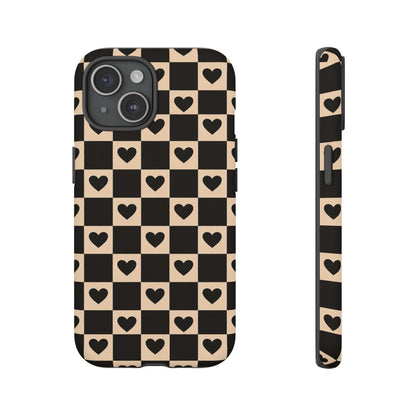 Checkerboard Heart Phone Case – Black & Beige Cute Aesthetic Protective Cover for Iphone, Samsung Galaxy and Pixel