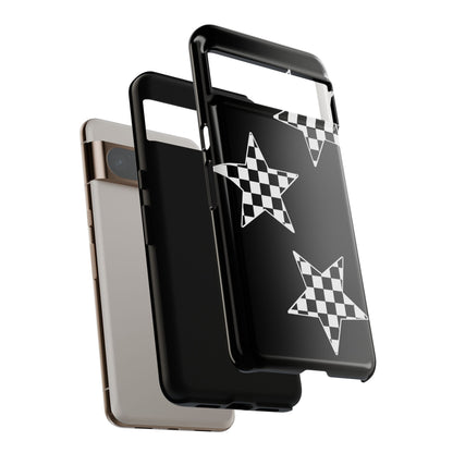Checkered Star Tough Phone Case – Black Retro Graphic Protective Cover for Iphone, Samsung Galaxy and Pixel