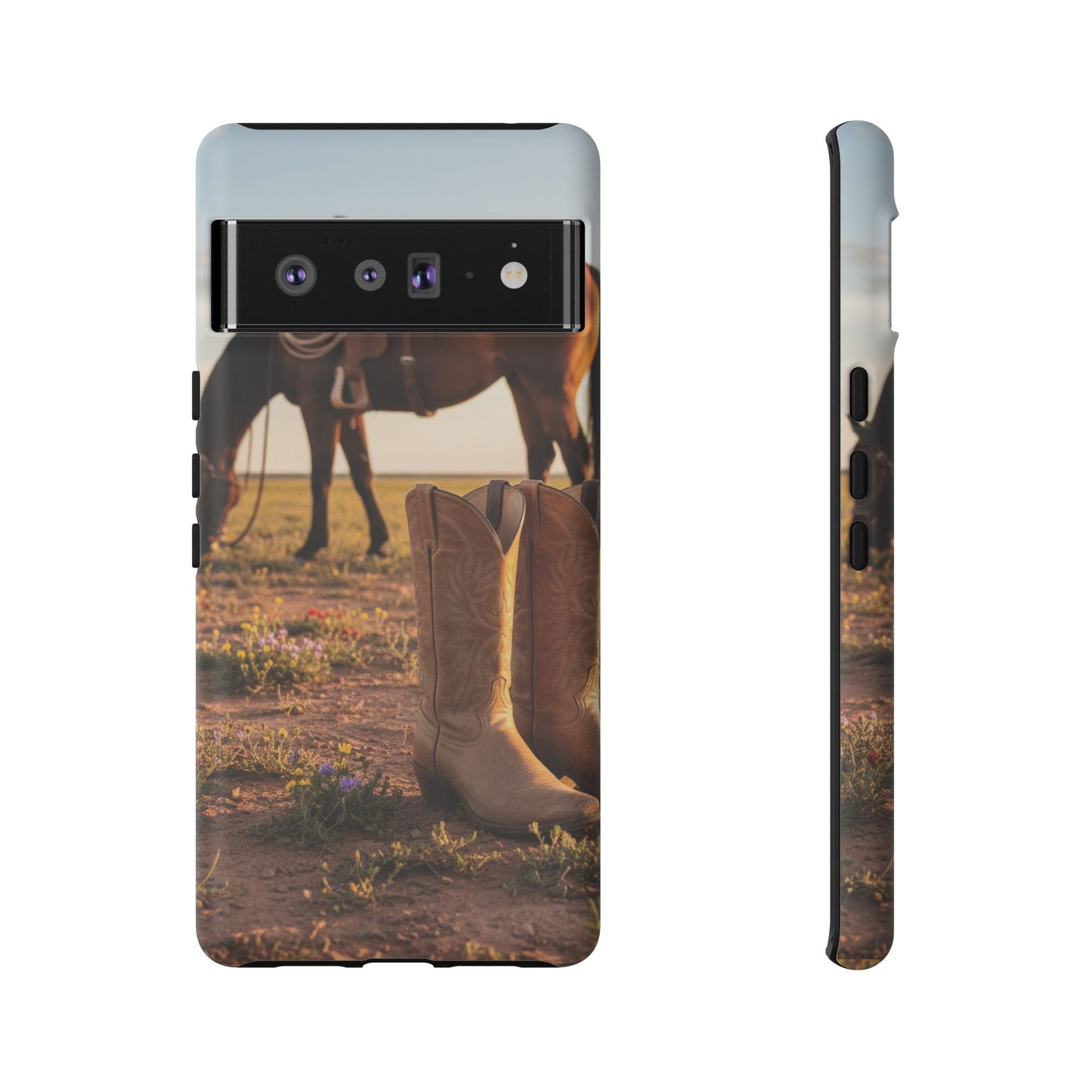 Western Cowboy Boots Phone Case – Rustic Horse Sunset Tough Case (iPhone, Samsung, Pixel)