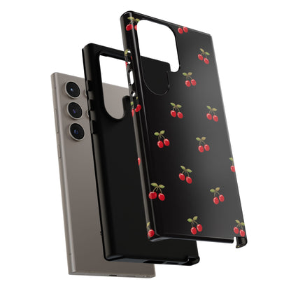 Cherry Pattern Phone Case — Slim Black Protective iPhone Case with Red Cherries for Iphone, Samsung Galaxy and Pixel