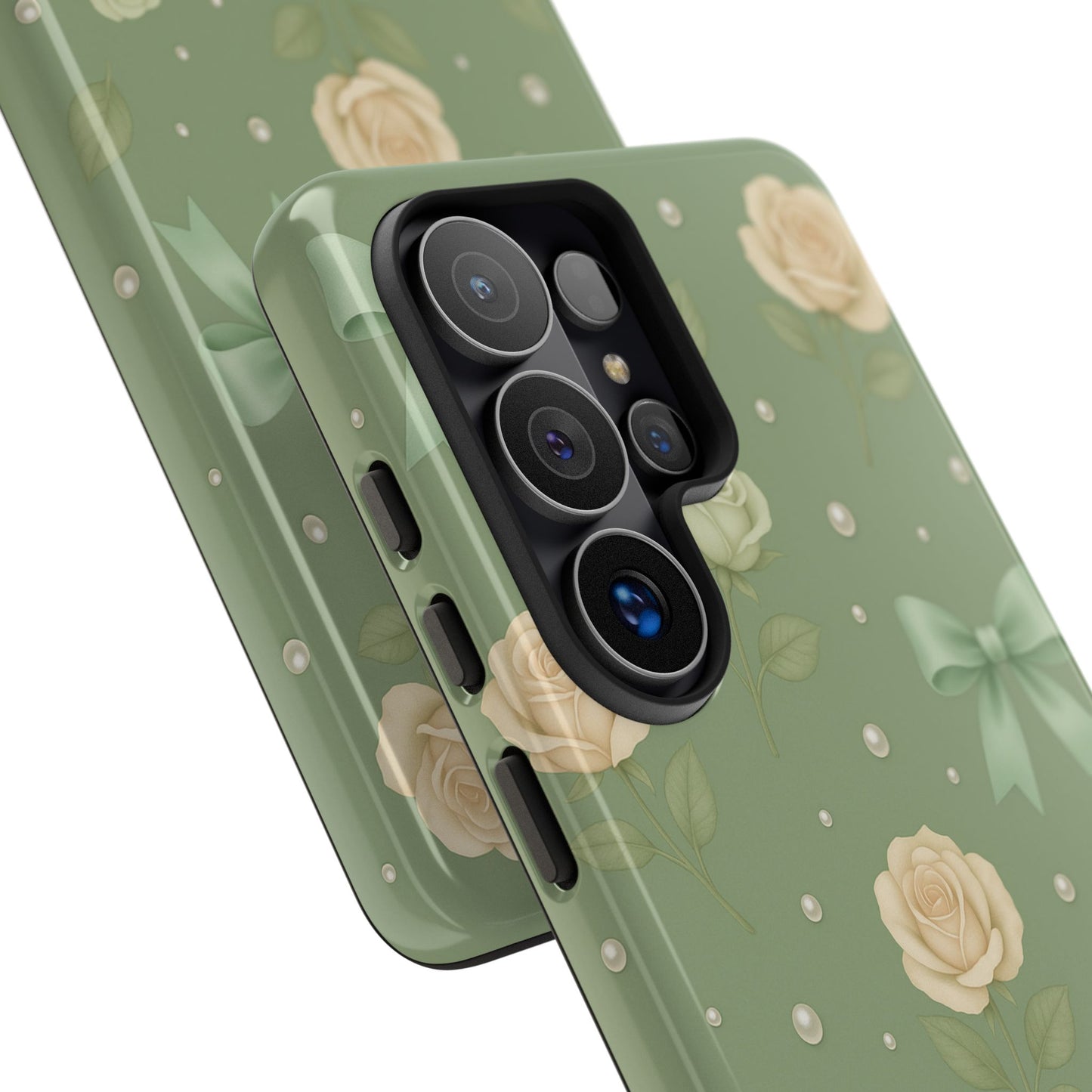 Vintage Rose Bow Phone Case – Sage Green Floral Coquette Aesthetic Tough Case (iPhone, Samsung, Pixel)