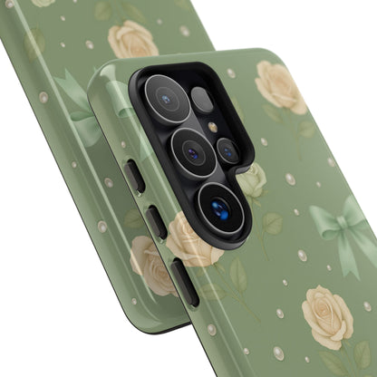 Vintage Rose Bow Phone Case – Sage Green Floral Coquette Aesthetic Tough Case (iPhone, Samsung, Pixel)