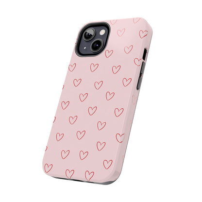 Pink Doodle Hearts Phone Case | Minimal Cute Heart Pattern Tough Case