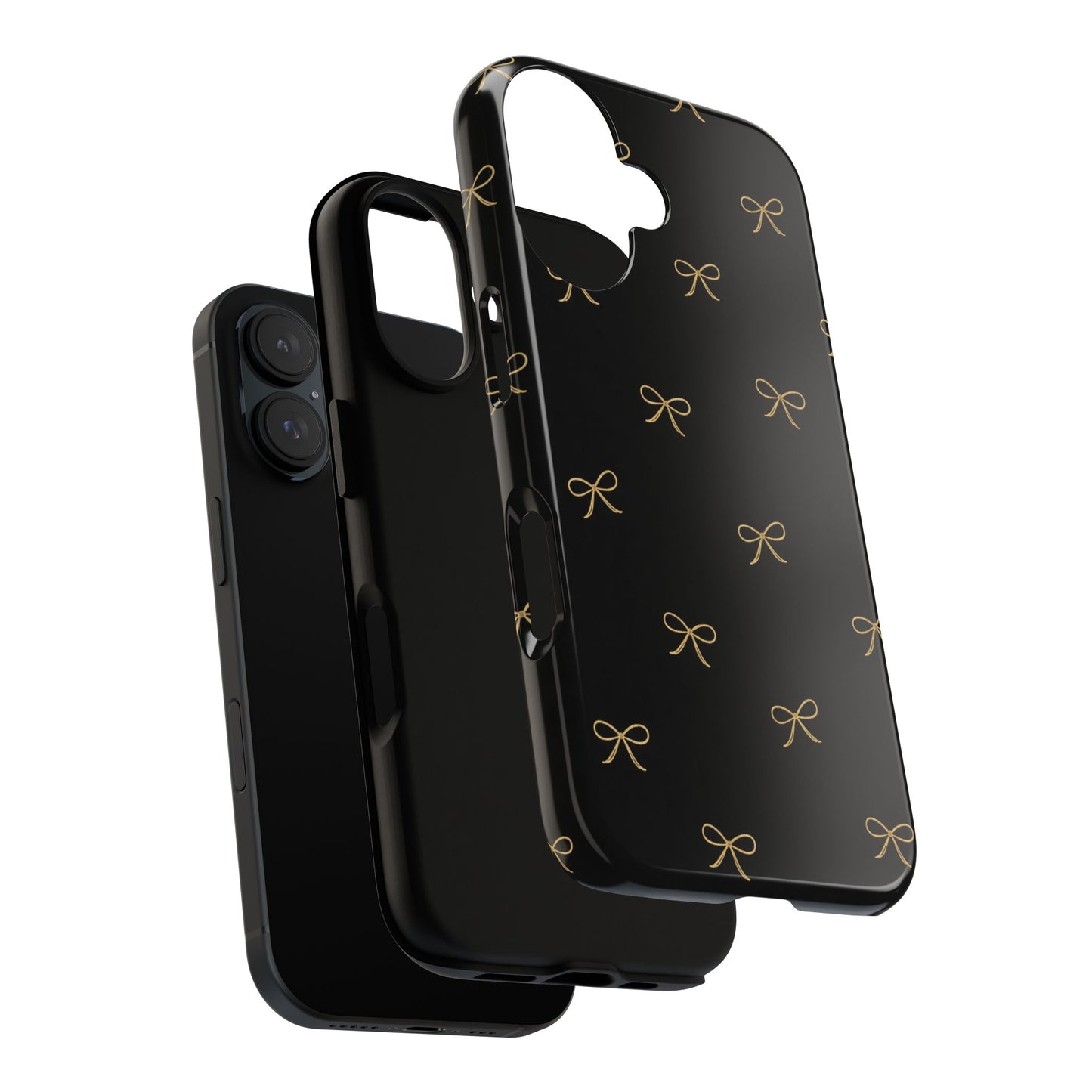 Black Phone Case with Gold Bow Pattern – Slim Protective Cute Aesthetic Cover for Iphone, Samsung Galaxy and Pixel