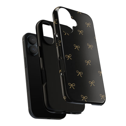 Black Phone Case with Gold Bow Pattern – Slim Protective Cute Aesthetic Cover for Iphone, Samsung Galaxy and Pixel