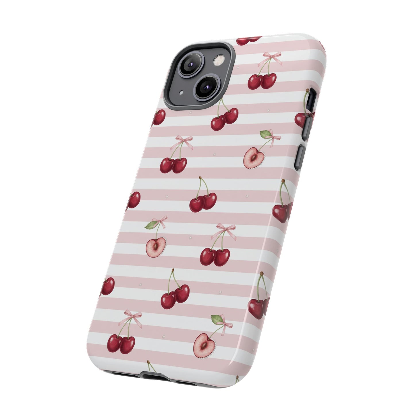 Pink Cherry Stripe Phone Case | Cute Coquette Aesthetic Protective Tough Case