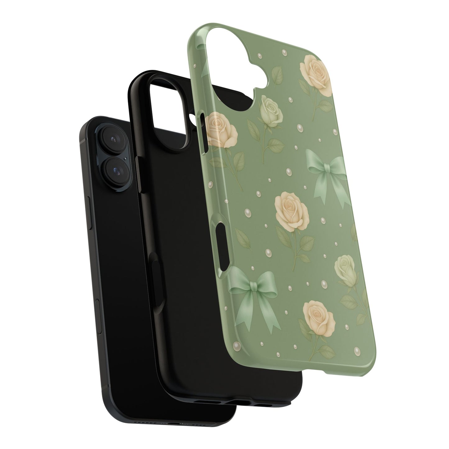 Vintage Rose Bow Phone Case – Sage Green Floral Coquette Aesthetic Tough Case (iPhone, Samsung, Pixel)