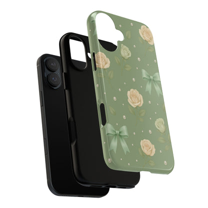 Vintage Rose Bow Phone Case – Sage Green Floral Coquette Aesthetic Tough Case (iPhone, Samsung, Pixel)