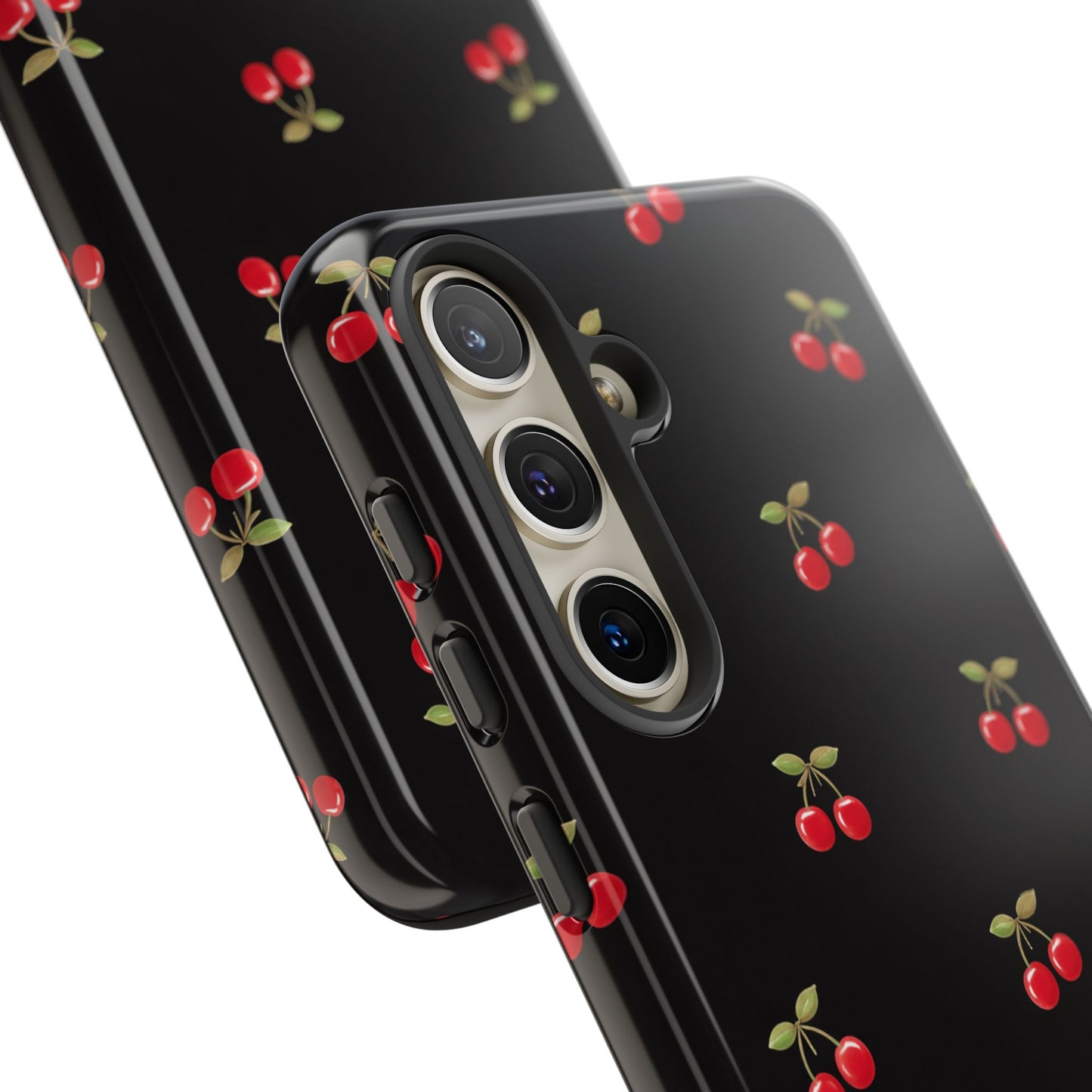 Cherry Pattern Phone Case — Slim Black Protective iPhone Case with Red Cherries for Iphone, Samsung Galaxy and Pixel