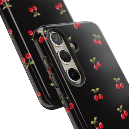 Cherry Pattern Phone Case — Slim Black Protective iPhone Case with Red Cherries for Iphone, Samsung Galaxy and Pixel