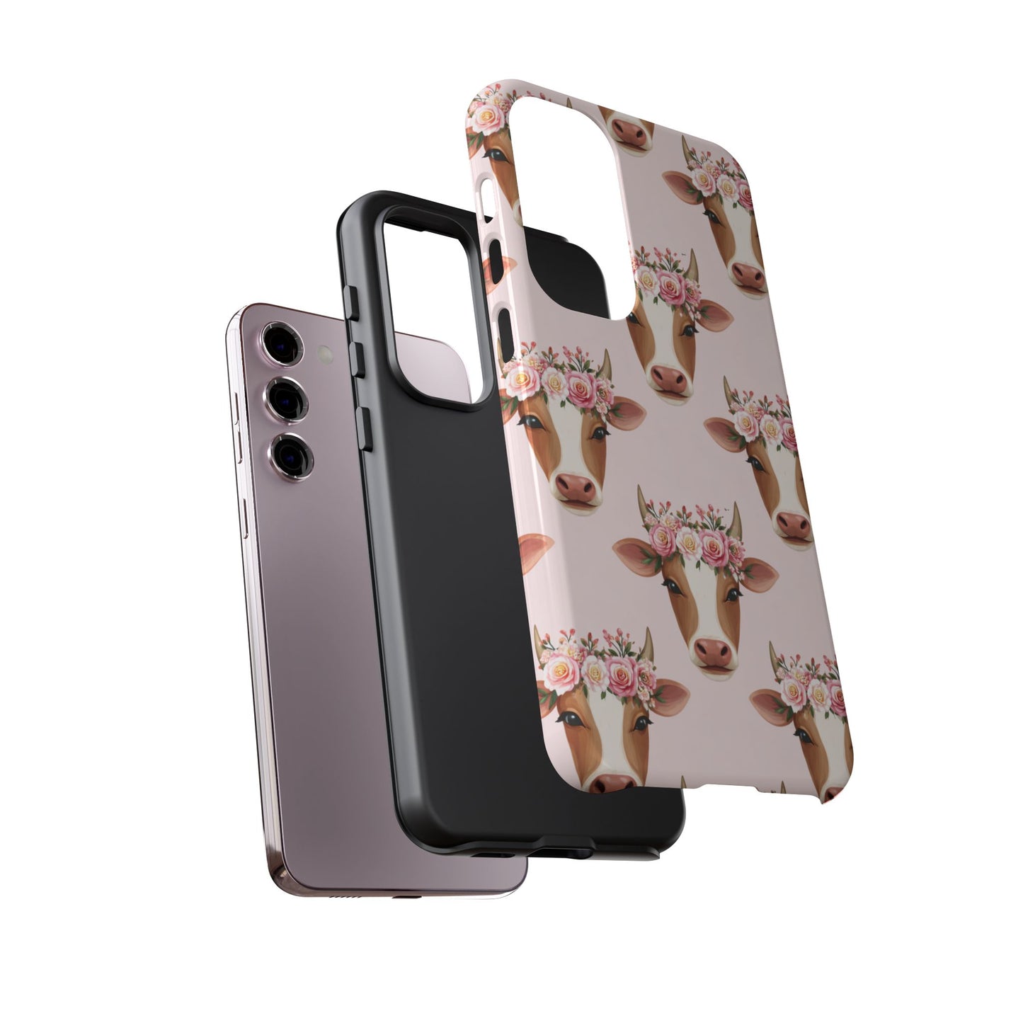 Floral Cow Phone Case – Cute Pink Cow Print Tough Protective Case for Iphone, Samsung Galaxy and Pixel