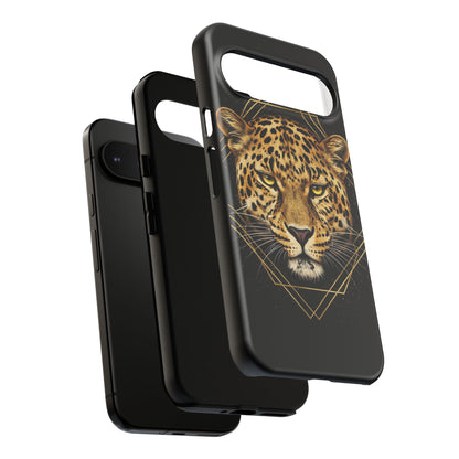 Leopard Head Geometric Phone Case – Black & Gold Luxe Tough Case
