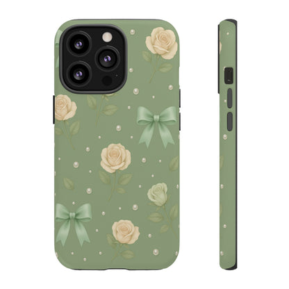 Vintage Rose Bow Phone Case – Sage Green Floral Coquette Aesthetic Tough Case (iPhone, Samsung, Pixel)