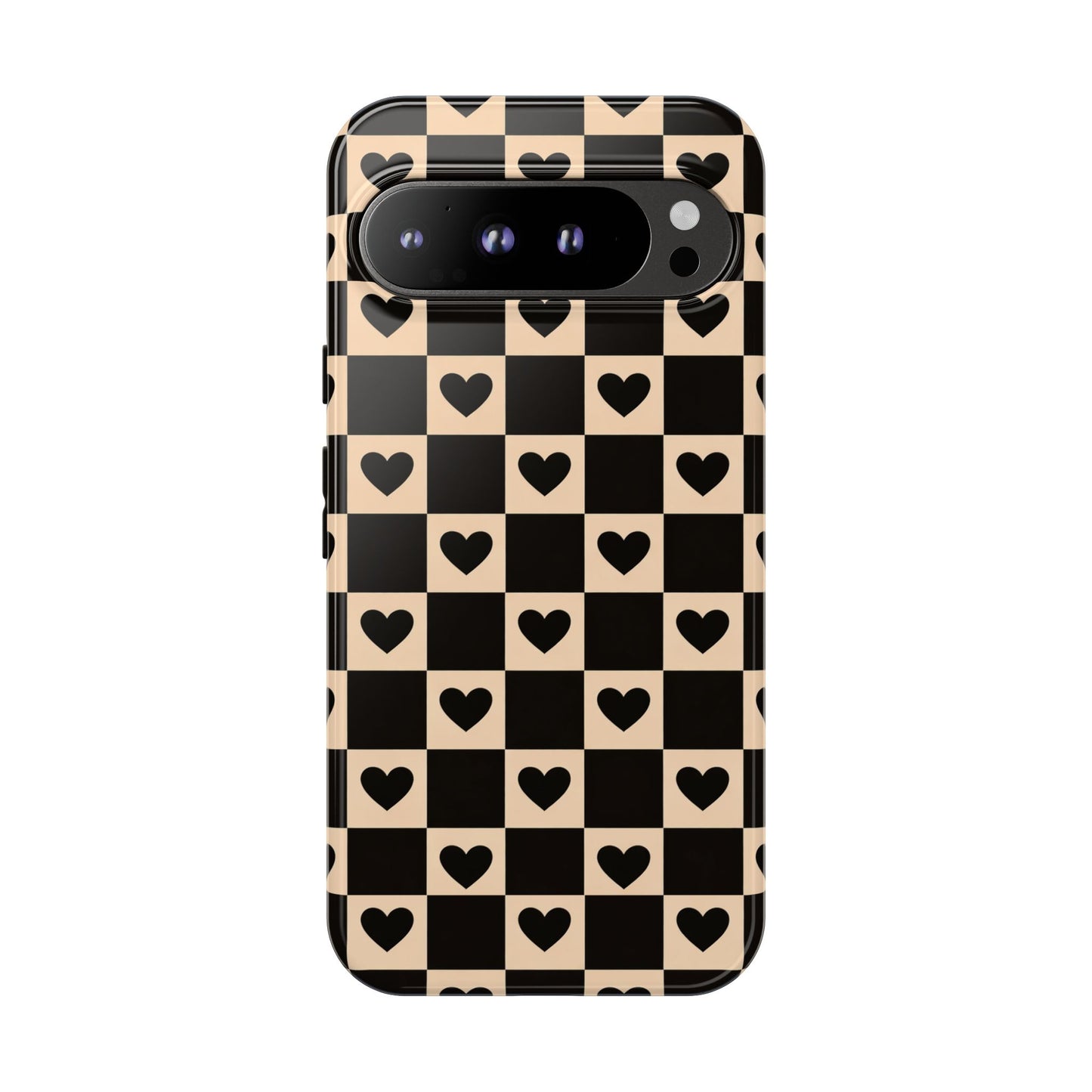 Checkerboard Heart Phone Case – Black & Beige Cute Aesthetic Protective Cover for Iphone, Samsung Galaxy and Pixel