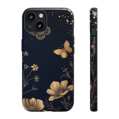 Gold Floral Butterfly Phone Case, Dark Aesthetic Botanical, Elegant Black Luxury iPhone Samsung Cover