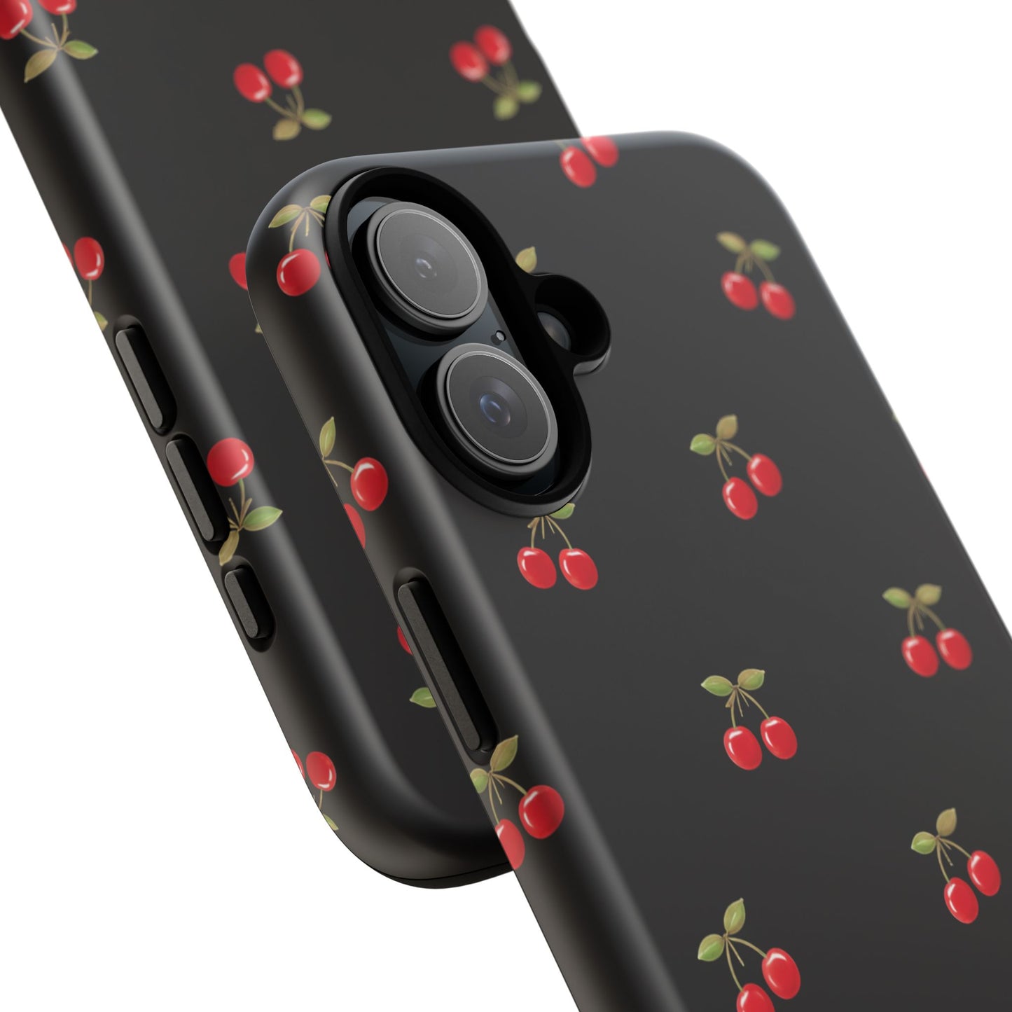 Cherry Pattern Phone Case — Slim Black Protective iPhone Case with Red Cherries for Iphone, Samsung Galaxy and Pixel