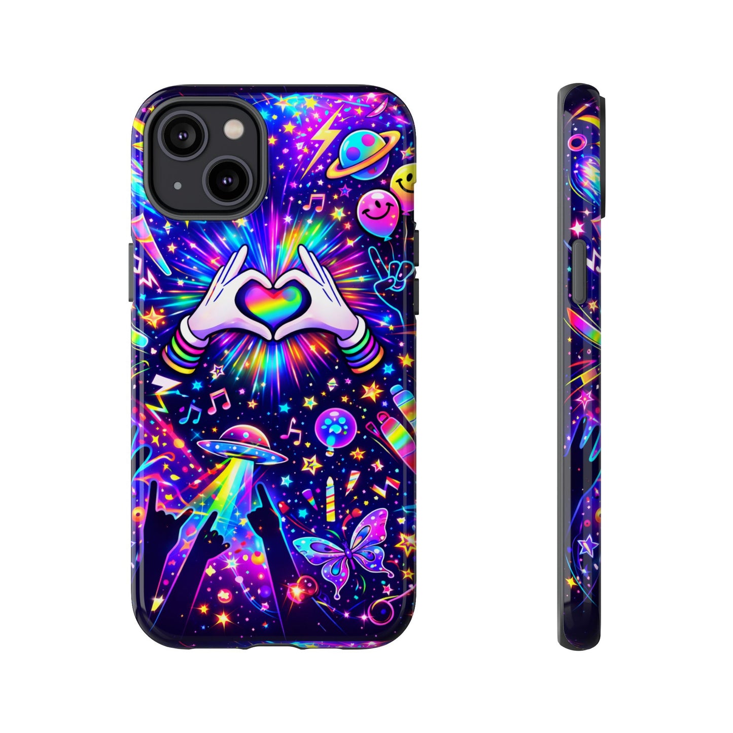 Rainbow Heart Hands Phone Case – Neon Galaxy EDM Festival Tough Cover